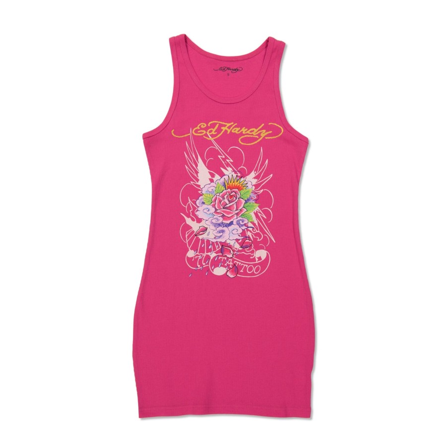 Women Ed Hardy | Eagle Rose Rib Tank Dress Hot Pink