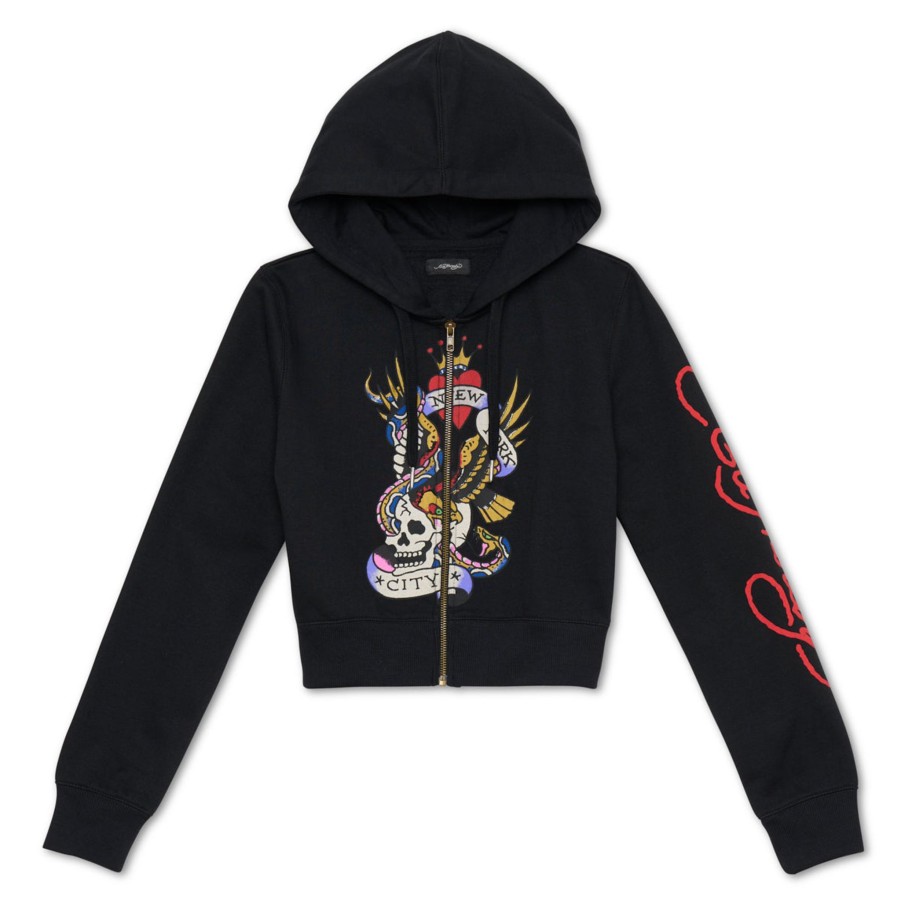 Women Ed Hardy | Nyc Skull Cropped Hoodie Black