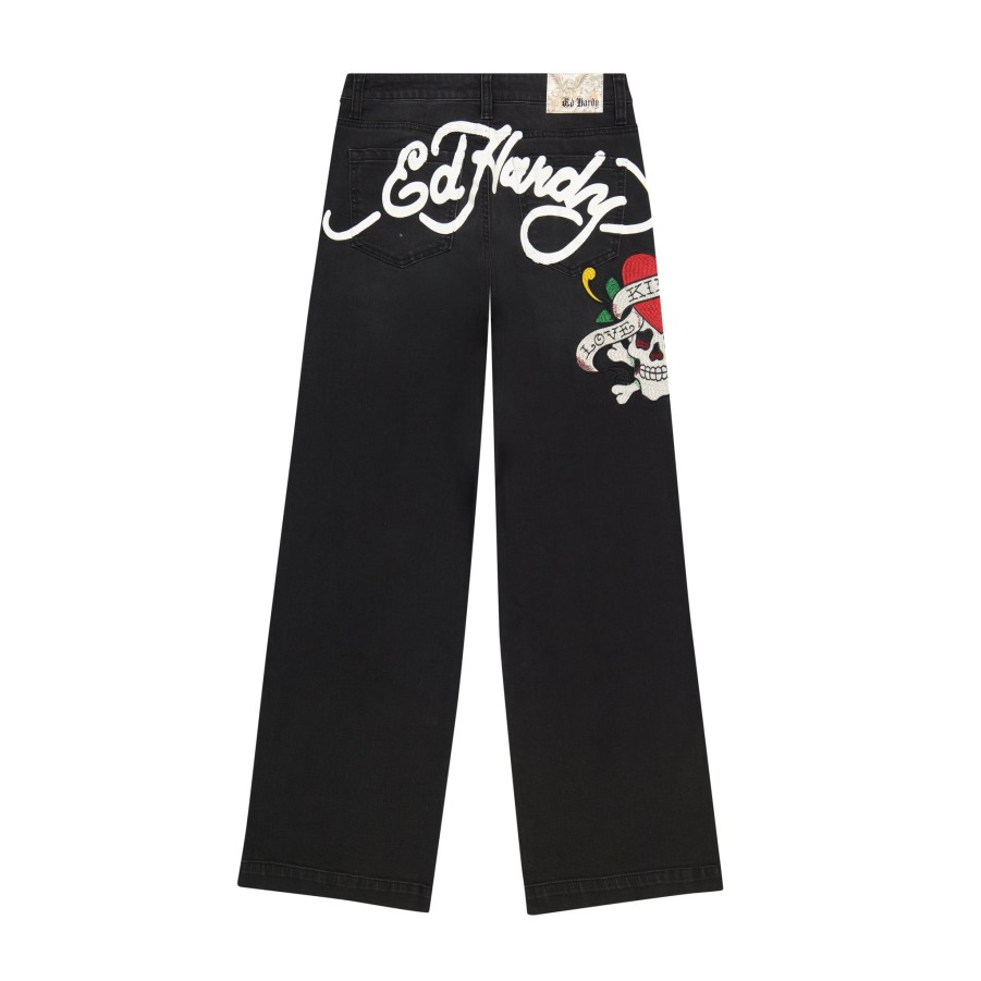 Women Ed Hardy | Lks Skull Wide Leg Jean Faded Black