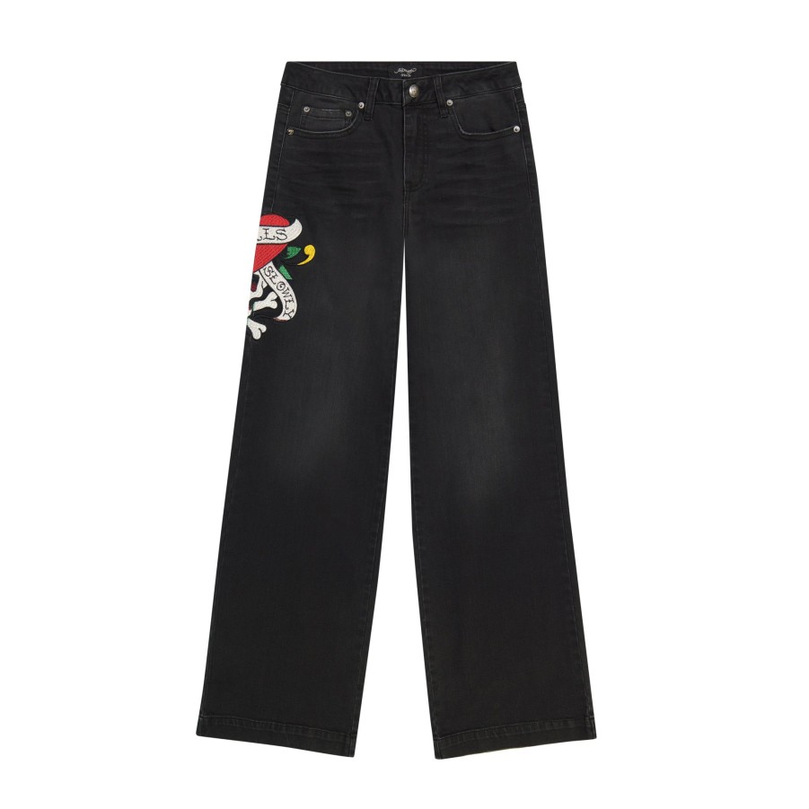 Women Ed Hardy | Lks Skull Wide Leg Jean Faded Black