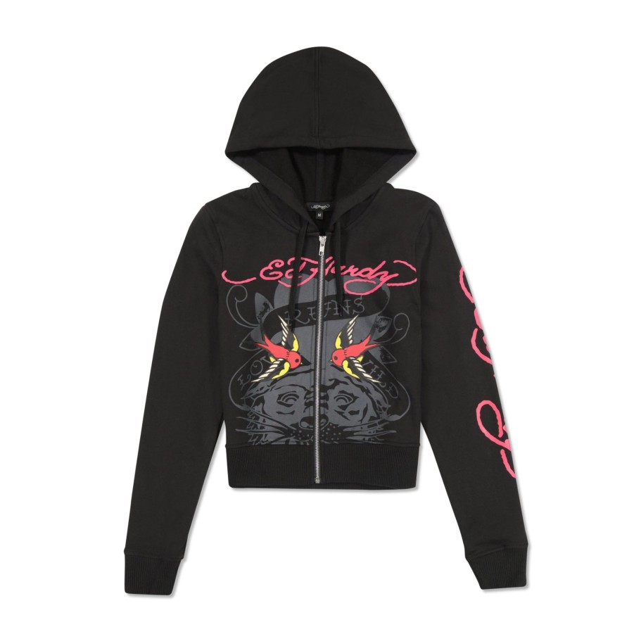 Women Ed Hardy | Tiger Swallow Cropped Zip Fleece Hoodie Black