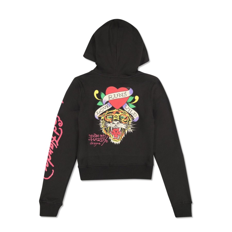 Women Ed Hardy | Tiger Swallow Cropped Zip Fleece Hoodie Black