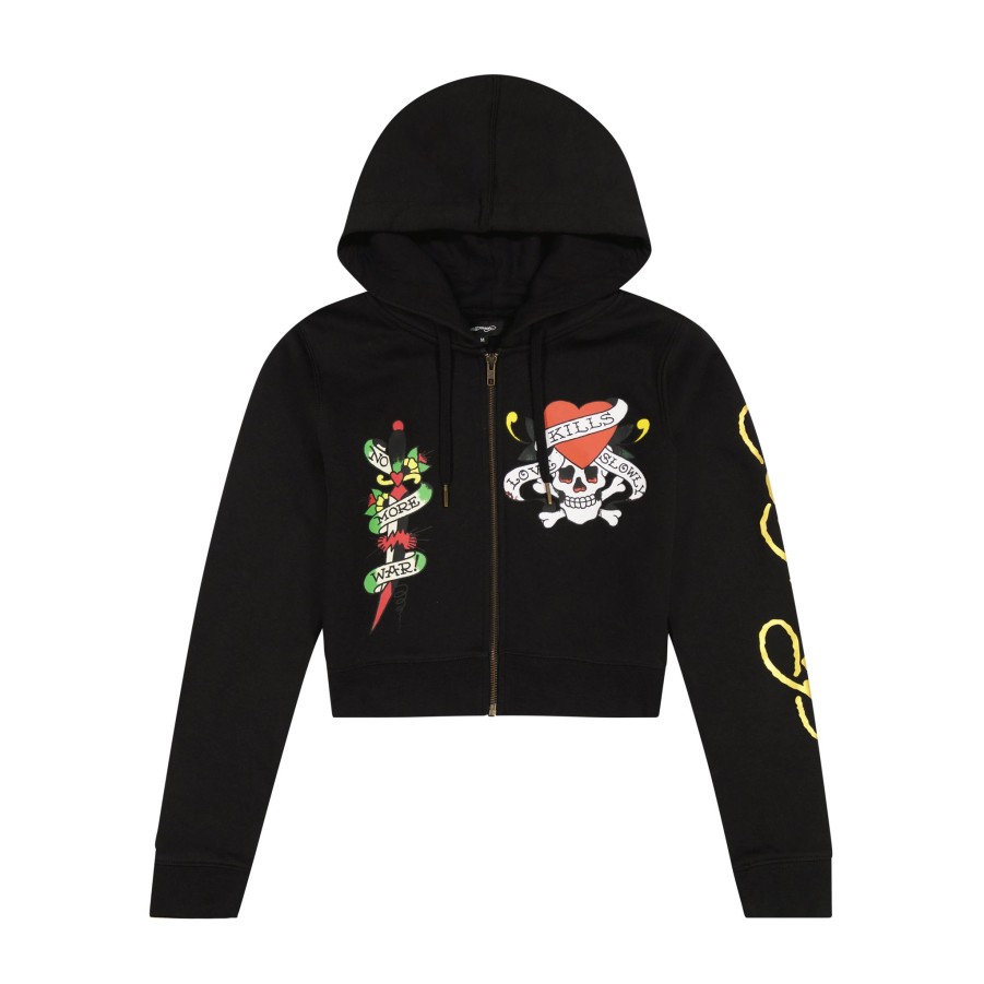 Women Ed Hardy | Lks Skull Zip Front Cropped Hoodie Black