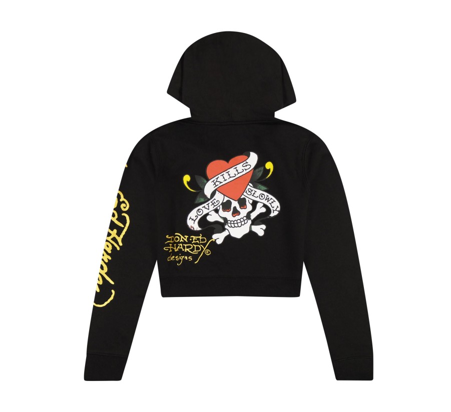 Women Ed Hardy | Lks Skull Zip Front Cropped Hoodie Black