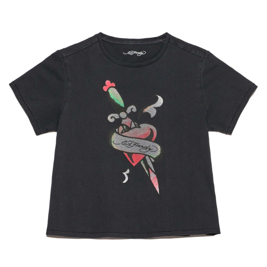 Baby Ed Hardy | Womens "Dagger Heart" Cropped Tee Faded Black