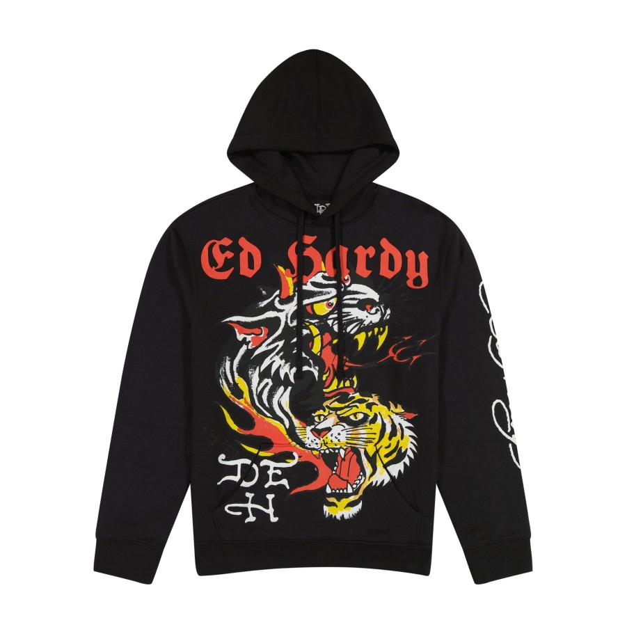 Men Ed Hardy | Tiger Panther Black Pullover Hoodie