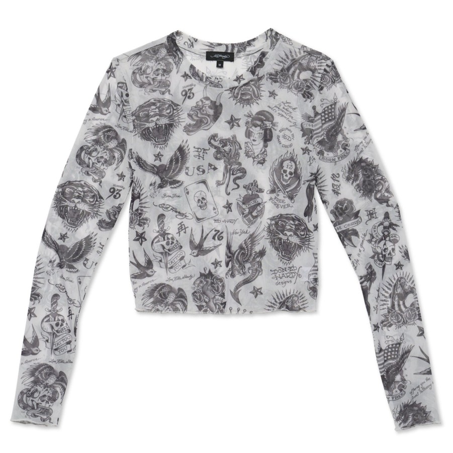 Women Ed Hardy | Power Mesh Flashboard L/S Off White