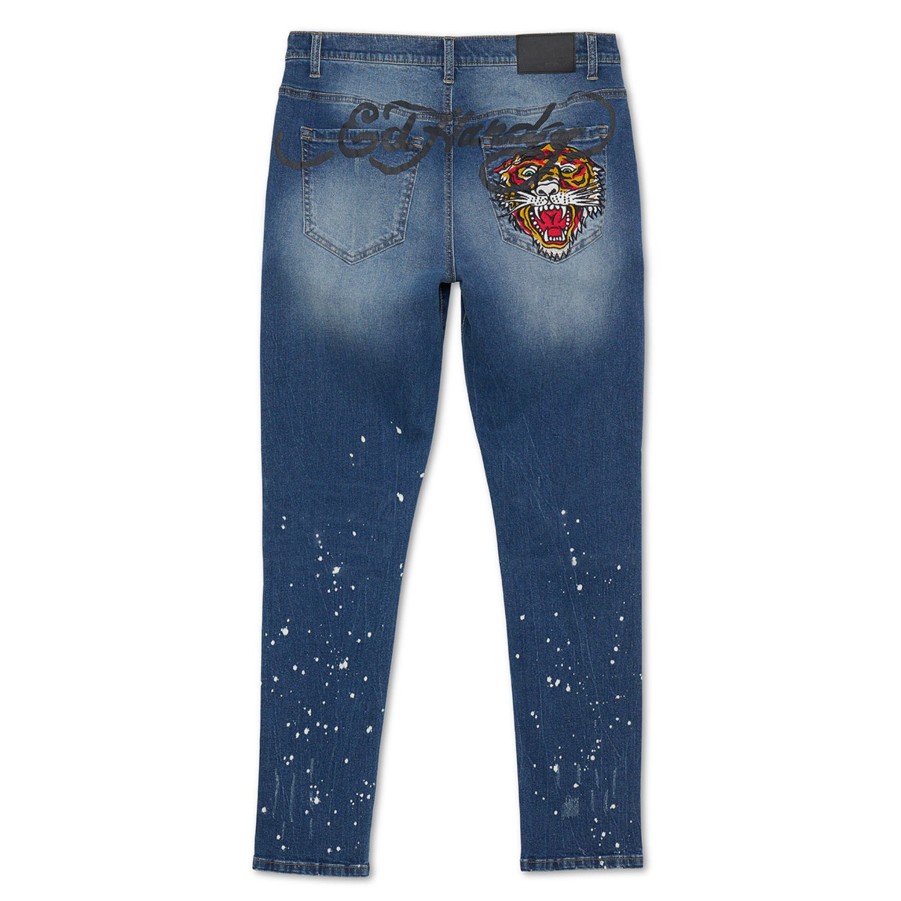 Men Ed Hardy | Tiger Head Slim Skinny Jean Med Bleach