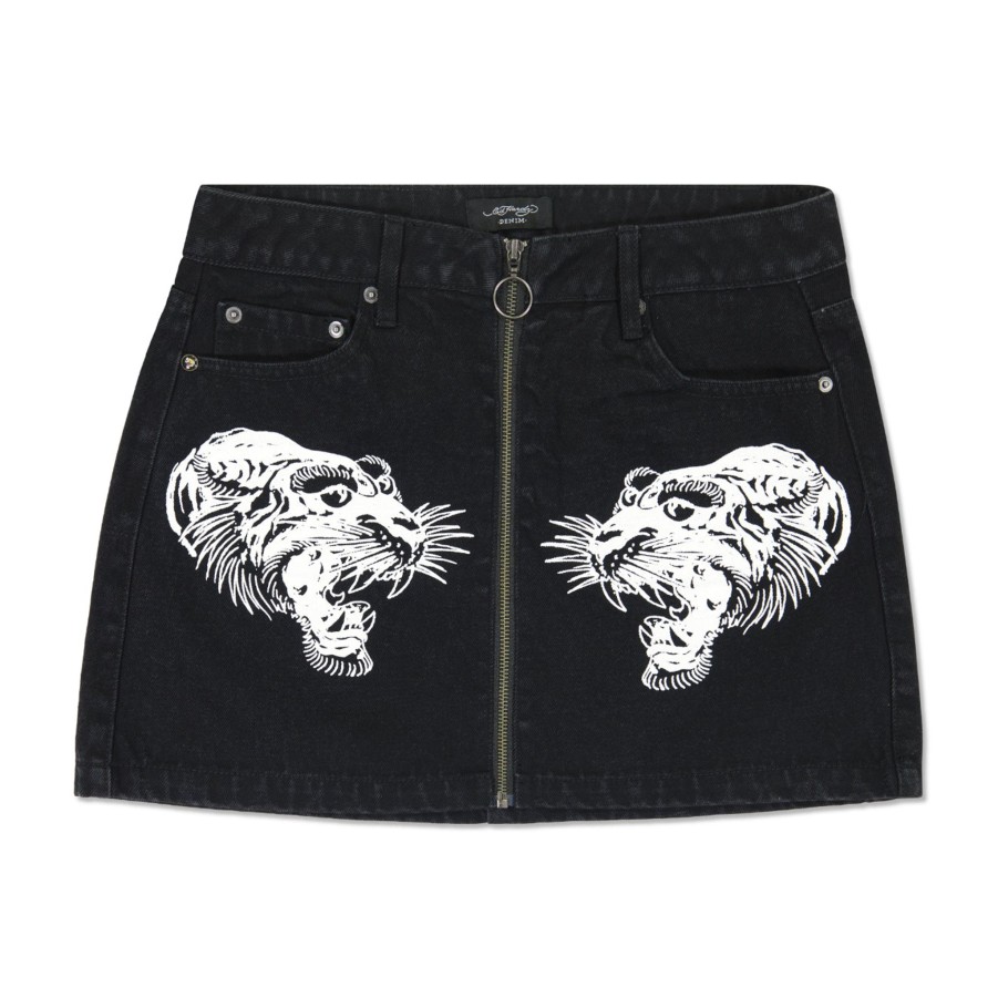 Women Ed Hardy | Tigers Zipper Front Mini Denim Skirt Black Wash