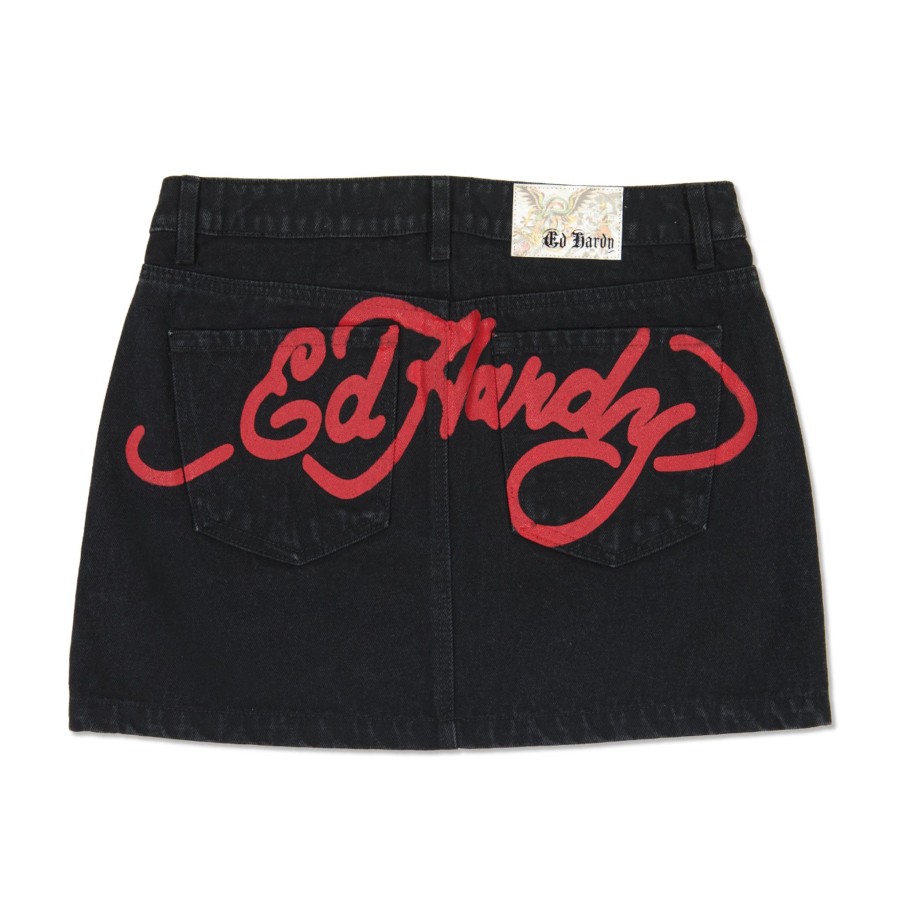 Women Ed Hardy | Tigers Zipper Front Mini Denim Skirt Black Wash