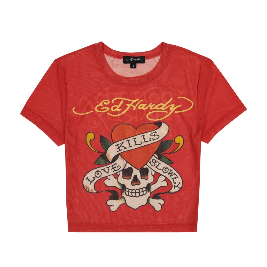 Women Ed Hardy | Mesh Lks Skull Baby Tee Cherry