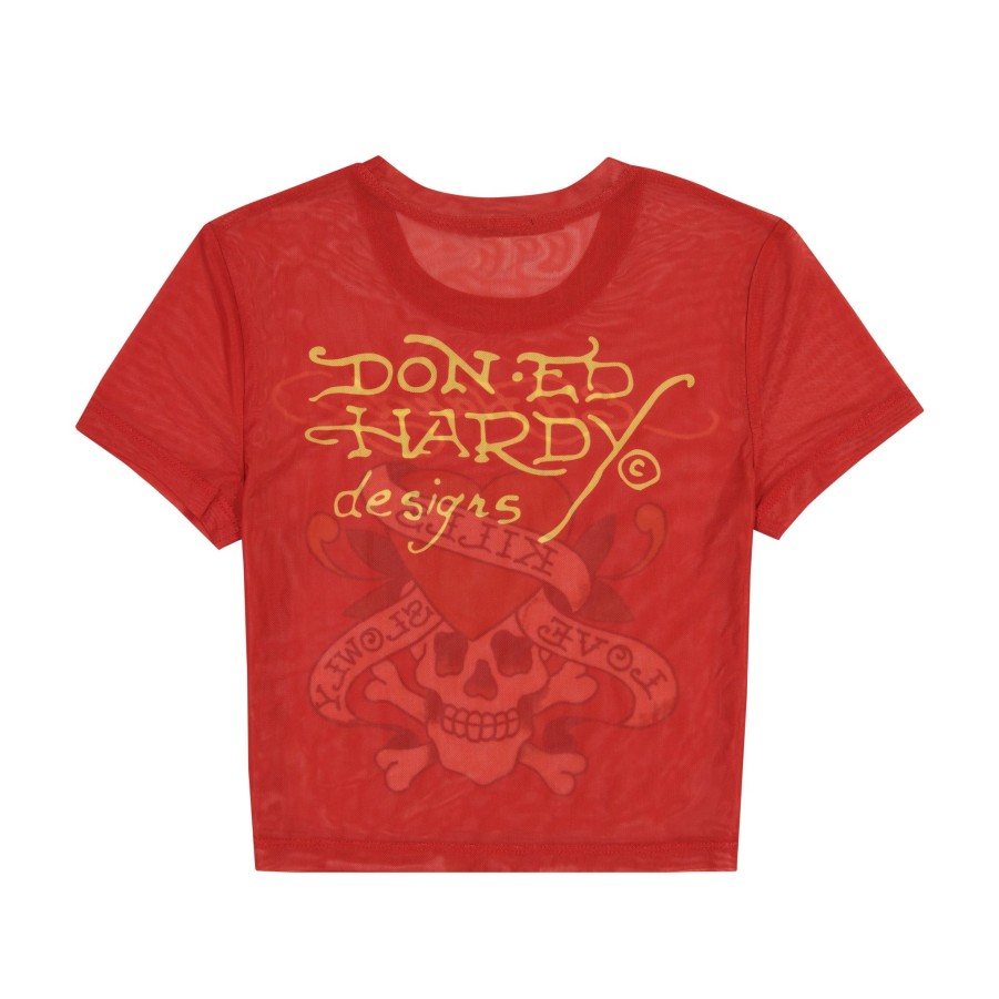 Women Ed Hardy | Mesh Lks Skull Baby Tee Cherry