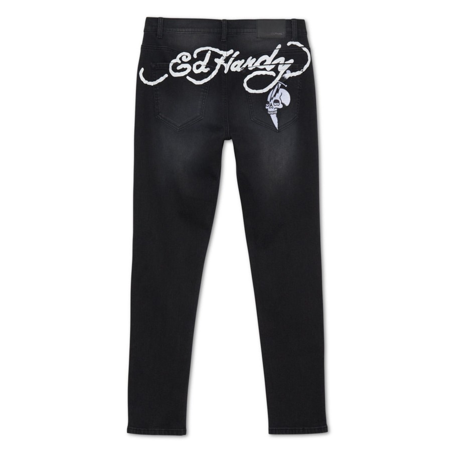 Men Ed Hardy | Dagger Skull Slim Skinny Jean Faded Black