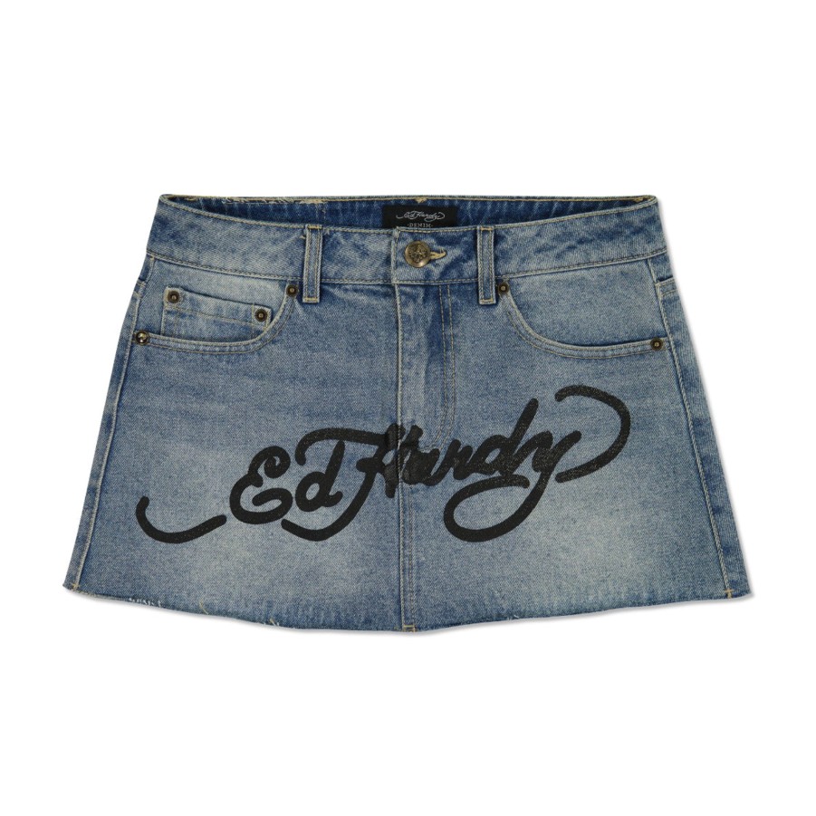 Women Ed Hardy | Brave Eagle Mini Denim Skirt Light Wash