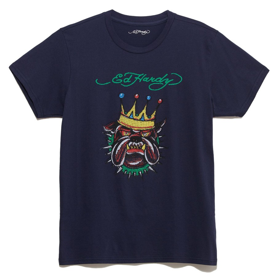 Men Ed Hardy | Rhinestone Bulldog Tee Navy