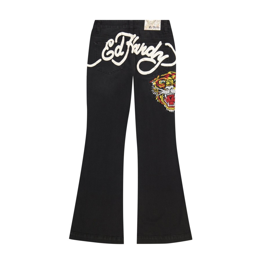 Women Ed Hardy | Tiger Head Slim Flare Jean Faded Black