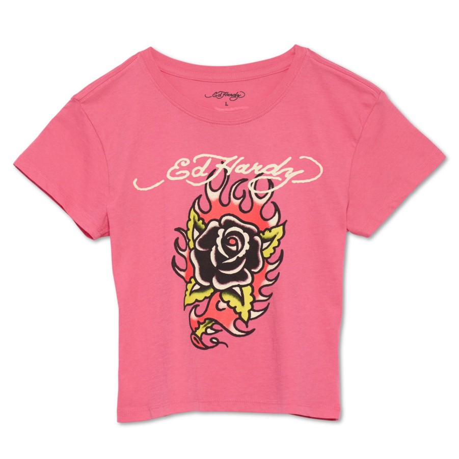 Women Ed Hardy | Flaming Rose Y2K Tee Pink