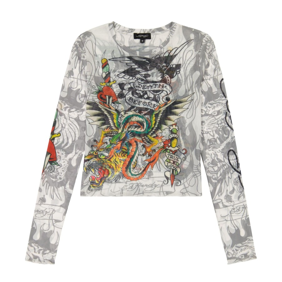 Women Ed Hardy | Mesh Layered Dragon Dagger Long Sleeve Stone