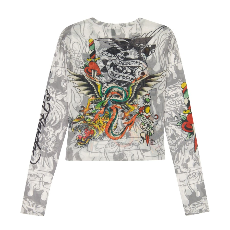 Women Ed Hardy | Mesh Layered Dragon Dagger Long Sleeve Stone