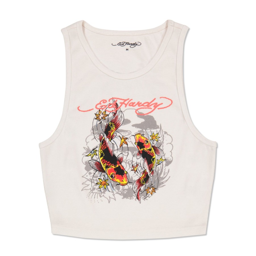 Women Ed Hardy | Koi Fish Rib Knit Tank White