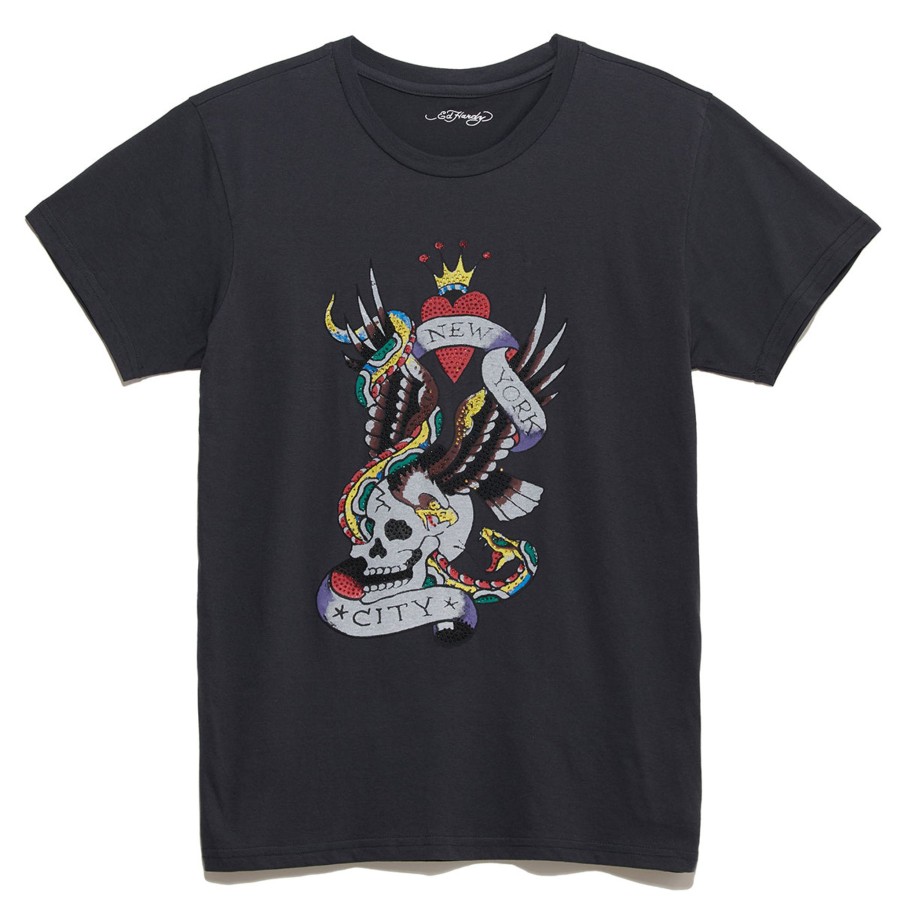 Men Ed Hardy | Rhinestone Nyc Skull Tee Faded Black