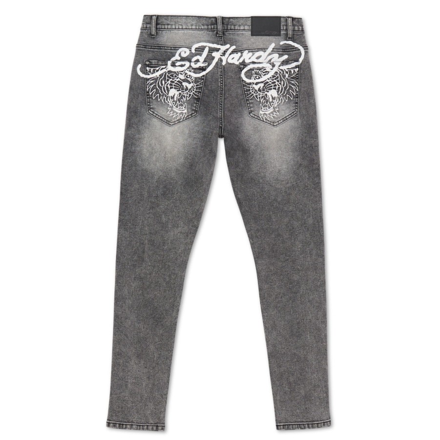 Men Ed Hardy | Tiger Outline Slim Skinny Jean Grey Lightening