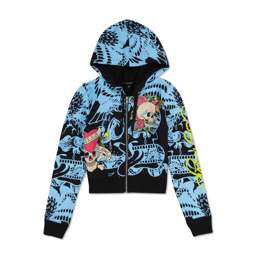 Women Ed Hardy | Lks Skull Zip Cropped Fleece Hoodie Black