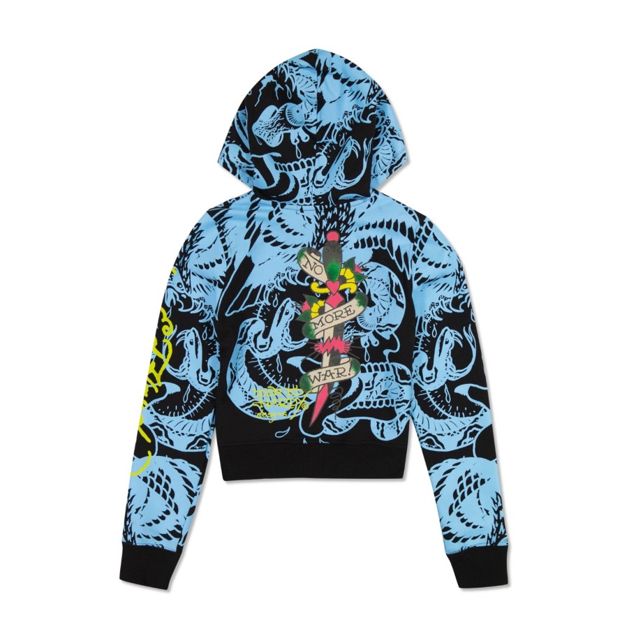 Women Ed Hardy | Lks Skull Zip Cropped Fleece Hoodie Black