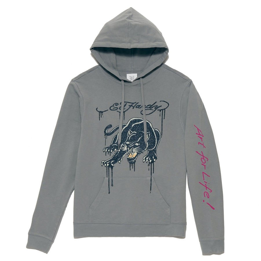 Men Ed Hardy | Glitter Crouching Panther Hoodie Grey