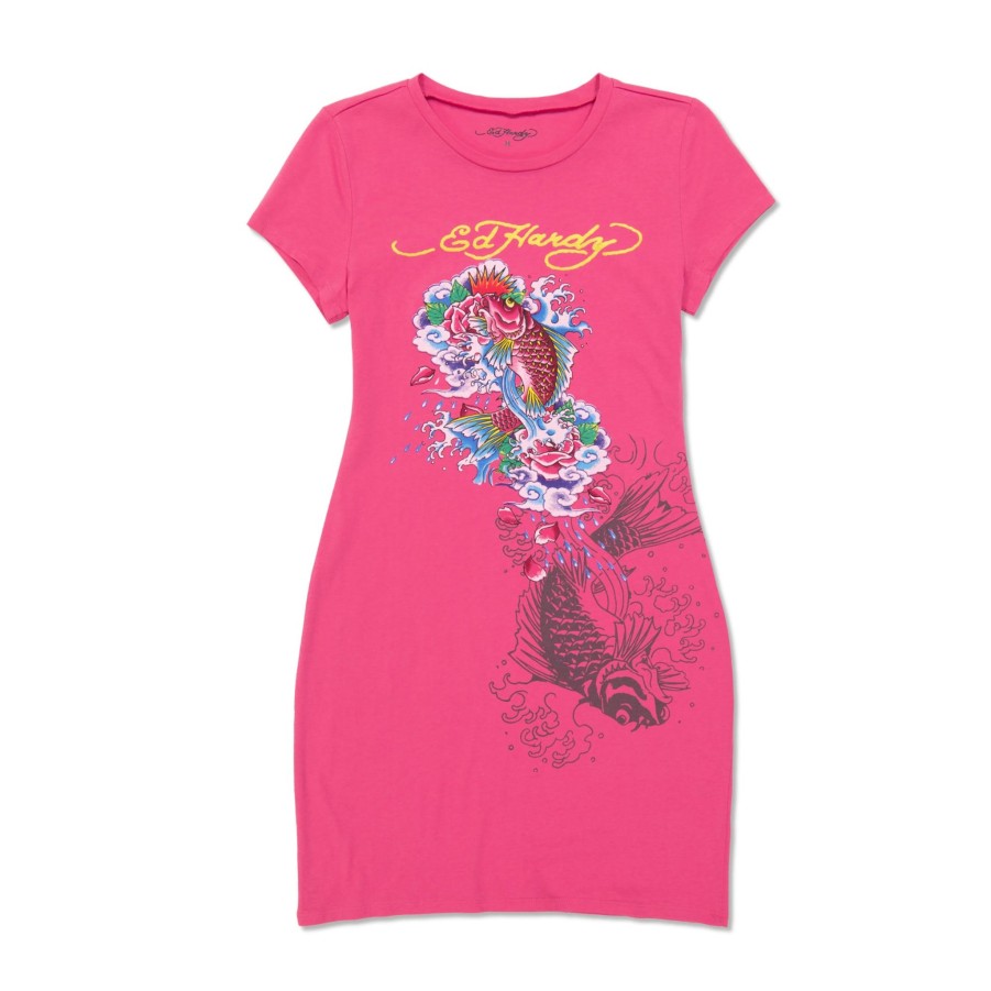 Women Ed Hardy | Koi Fish Baby Tee Dress Hot Pink