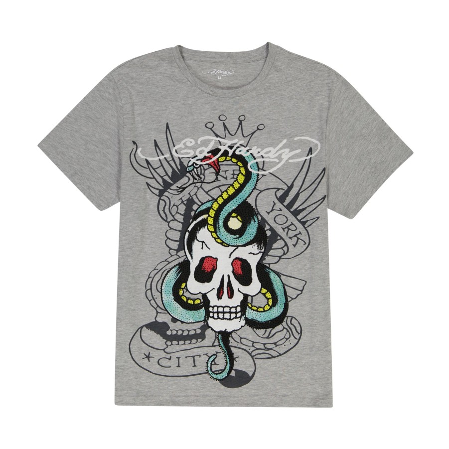 Men Ed Hardy | Rhinestone Skull Snake Tee Heather Gray