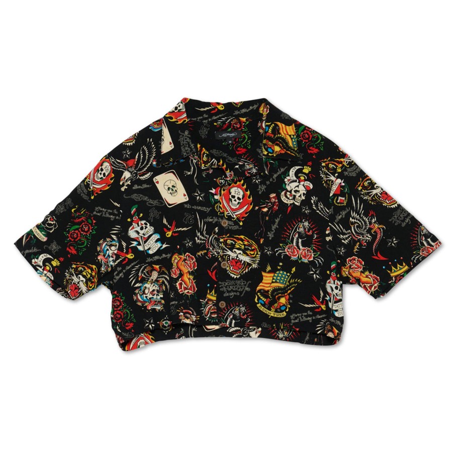 Women Ed Hardy | Flashboard Cropped Camp Shirt (Bl) Black