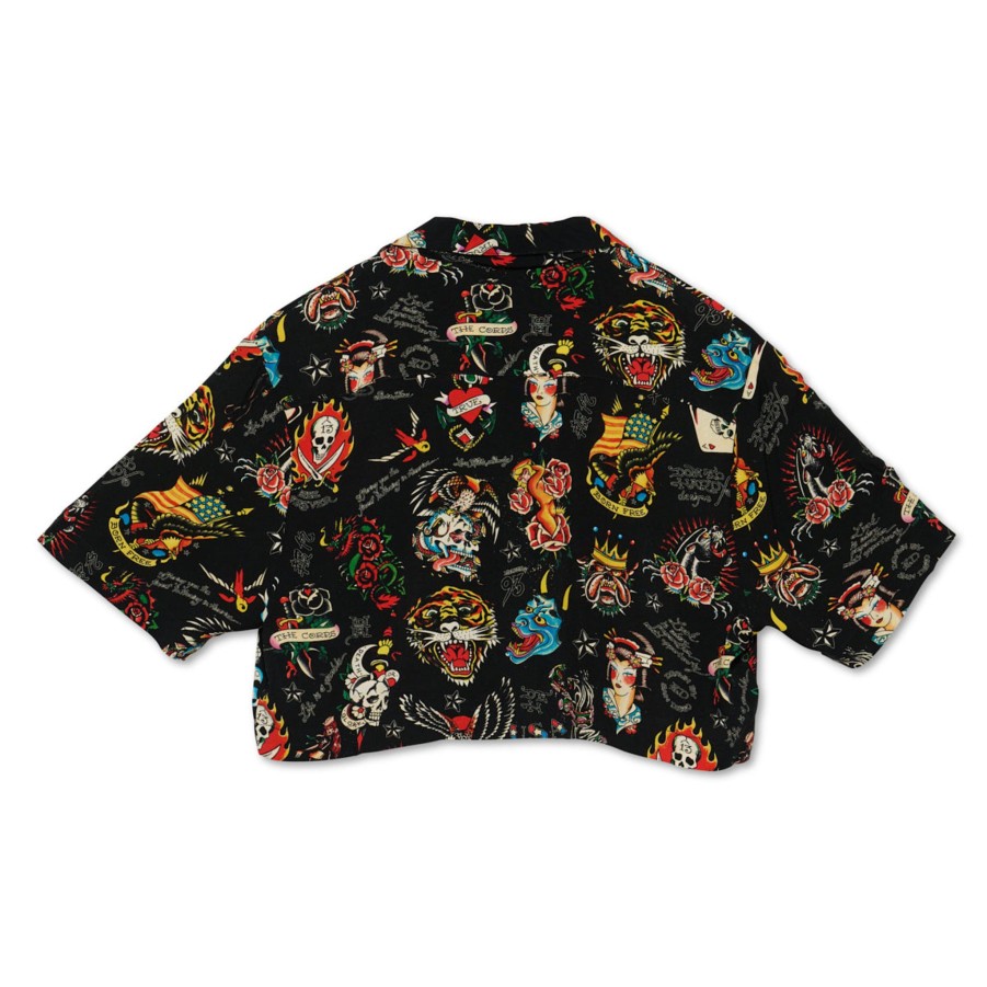 Women Ed Hardy | Flashboard Cropped Camp Shirt (Bl) Black