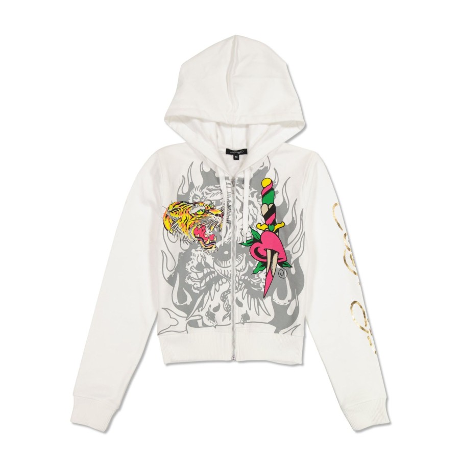 Women Ed Hardy | Tiger Dagger Cropped Zip Fleece Hoodie White