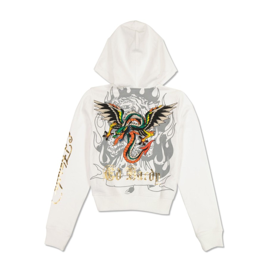 Women Ed Hardy | Tiger Dagger Cropped Zip Fleece Hoodie White