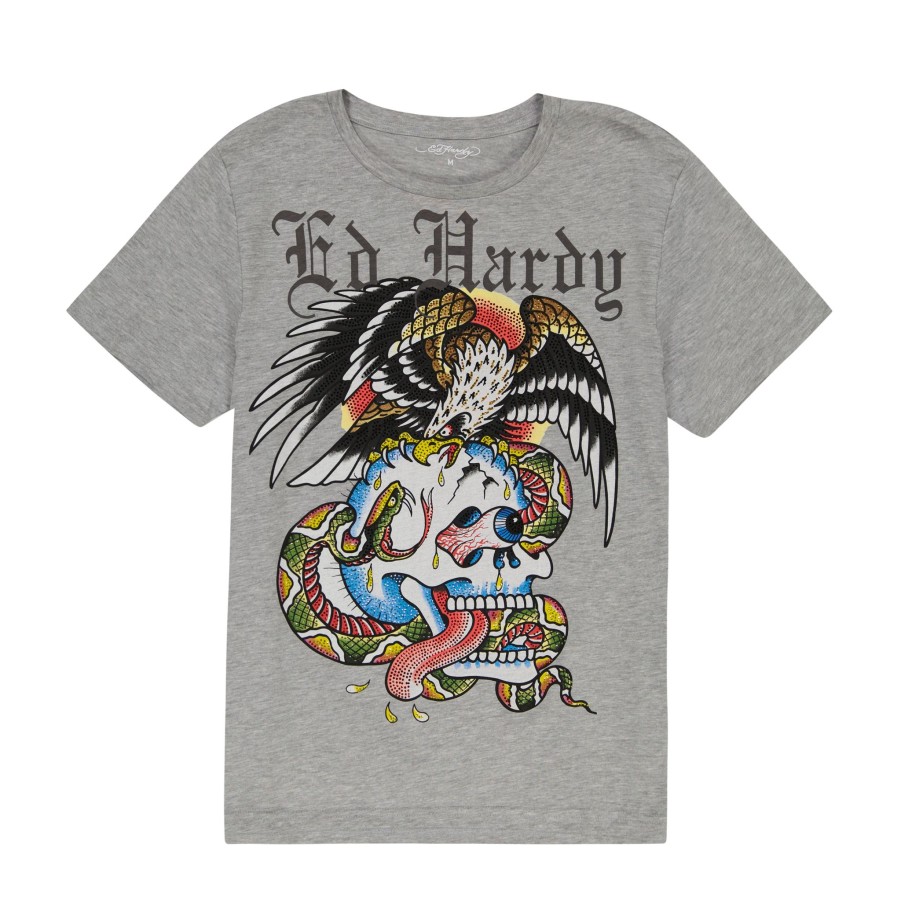 Men Ed Hardy | Rhinestone Battle Skull Tee Heather Gray