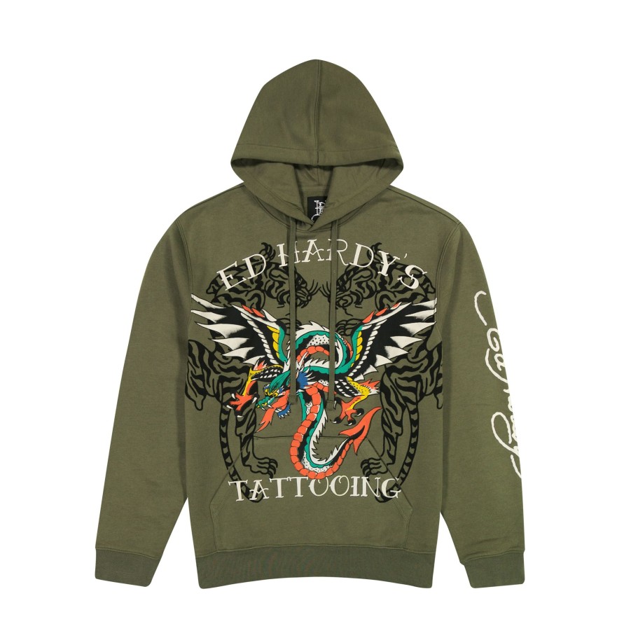 Men Ed Hardy | Dragon Wings Pullover Hoodie Olive