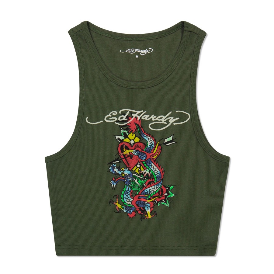 Women Ed Hardy | Dragon Heart Rib Knit Tank Olive