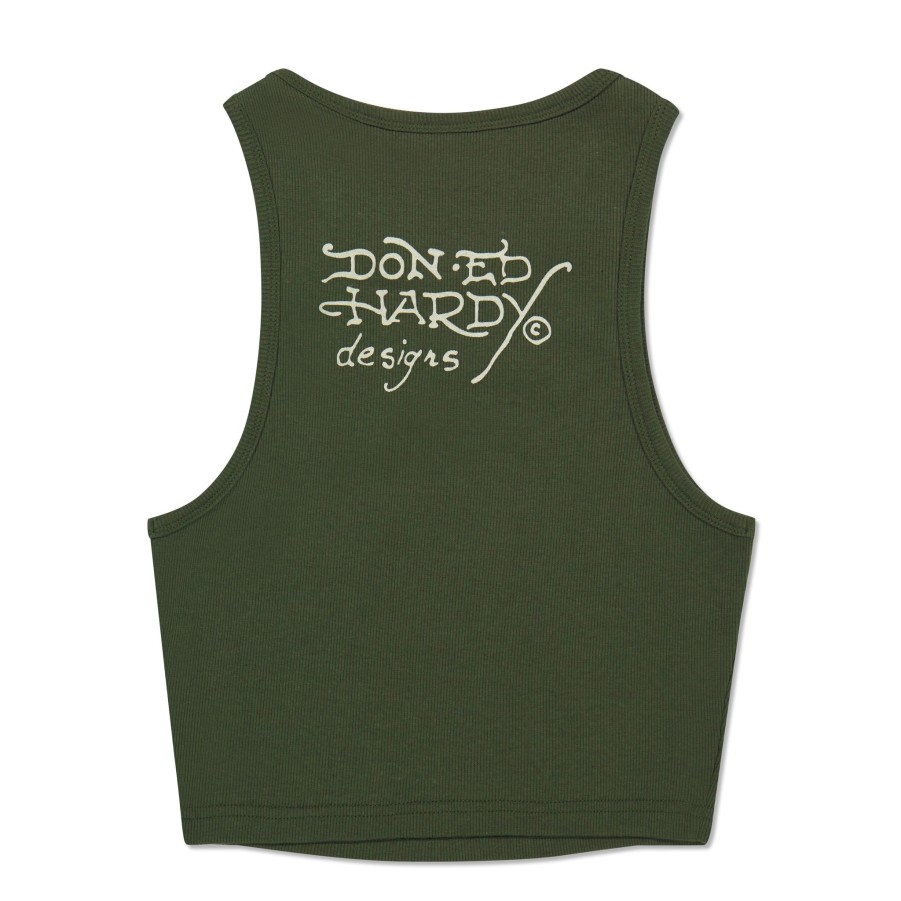 Women Ed Hardy | Dragon Heart Rib Knit Tank Olive