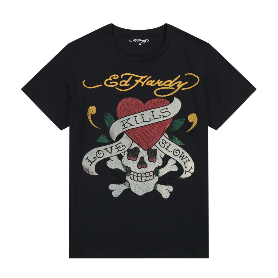 Men Ed Hardy | Rhinestone Lks Skull Tee Faded Black