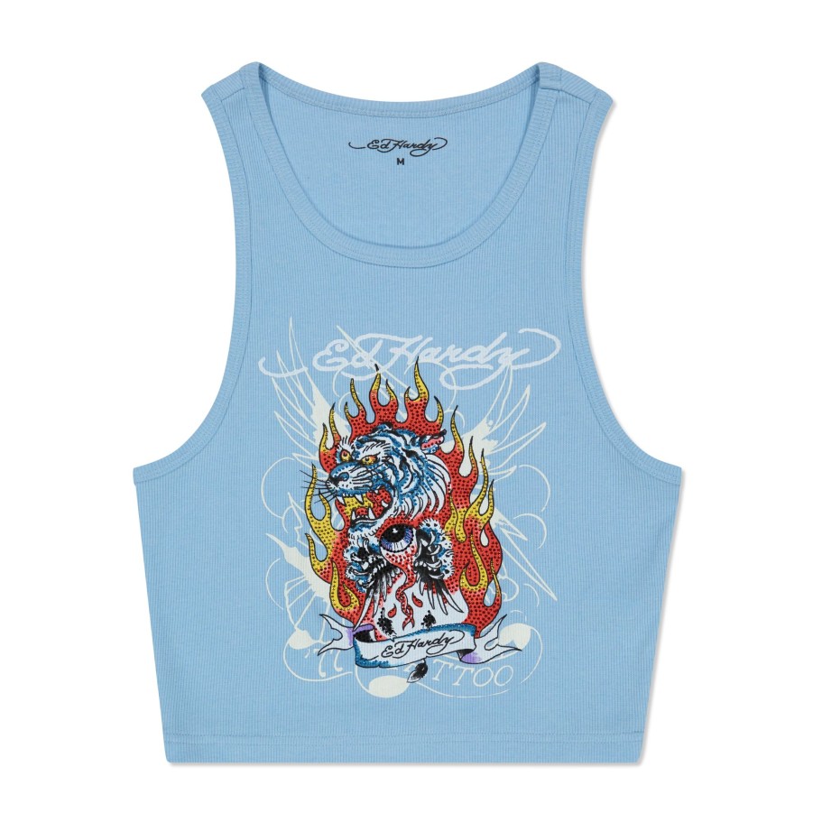 Women Ed Hardy | Rhinestone Fire Tiger Rib Knit Tank Sky