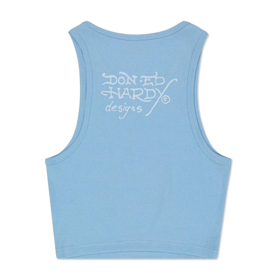 Women Ed Hardy | Rhinestone Fire Tiger Rib Knit Tank Sky