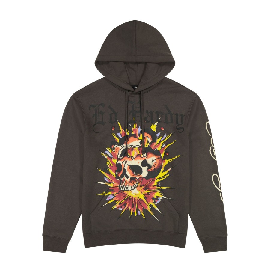 Men Ed Hardy | Exploding Skull Pullover Hoodie Charcoal