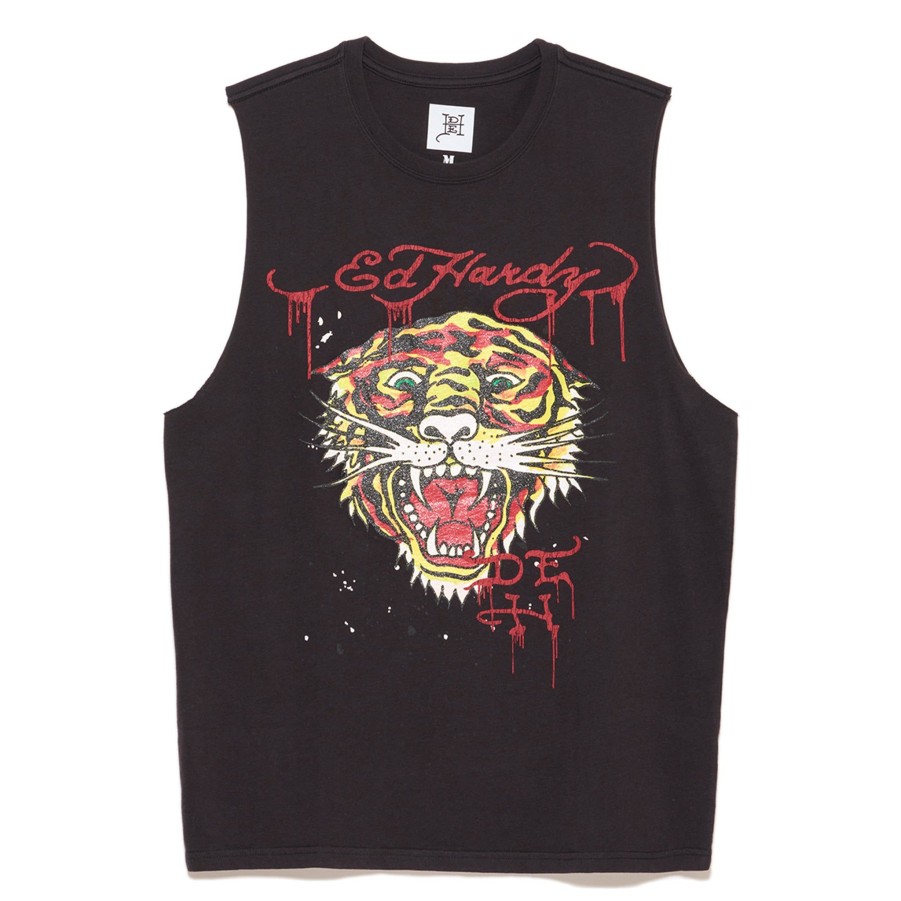 Men Ed Hardy | Retro Tiger Cut Off Tee Faded Black