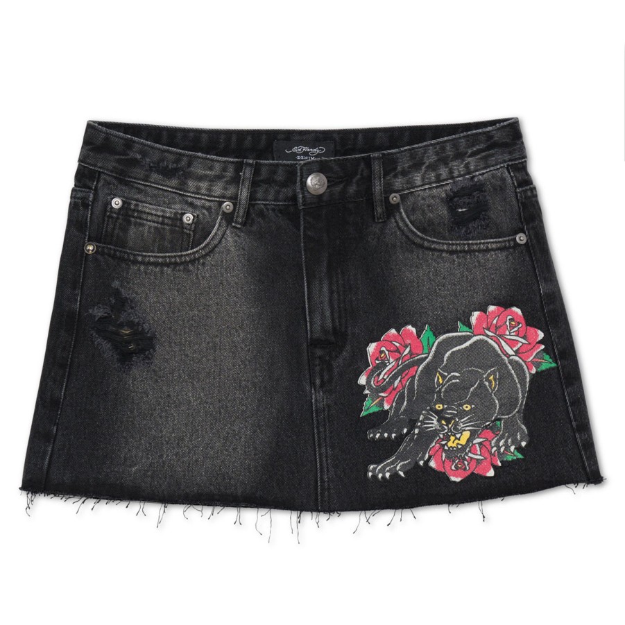 Women Ed Hardy | Panther Roses Denim Skirt Black Wash