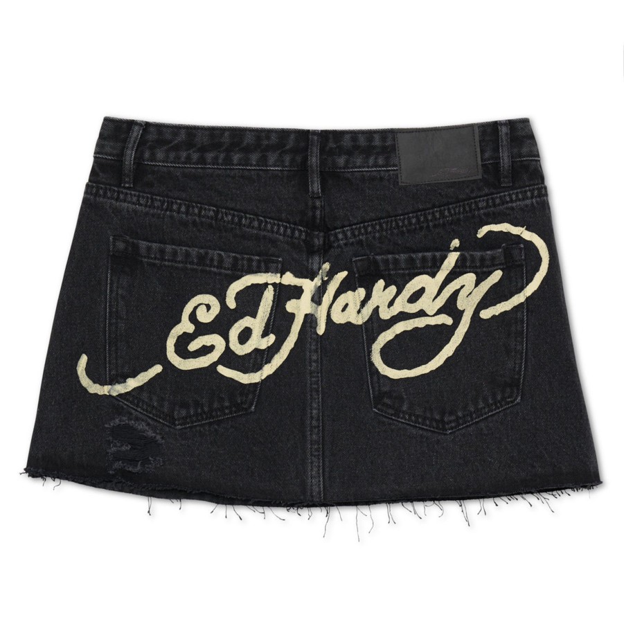 Women Ed Hardy | Panther Roses Denim Skirt Black Wash