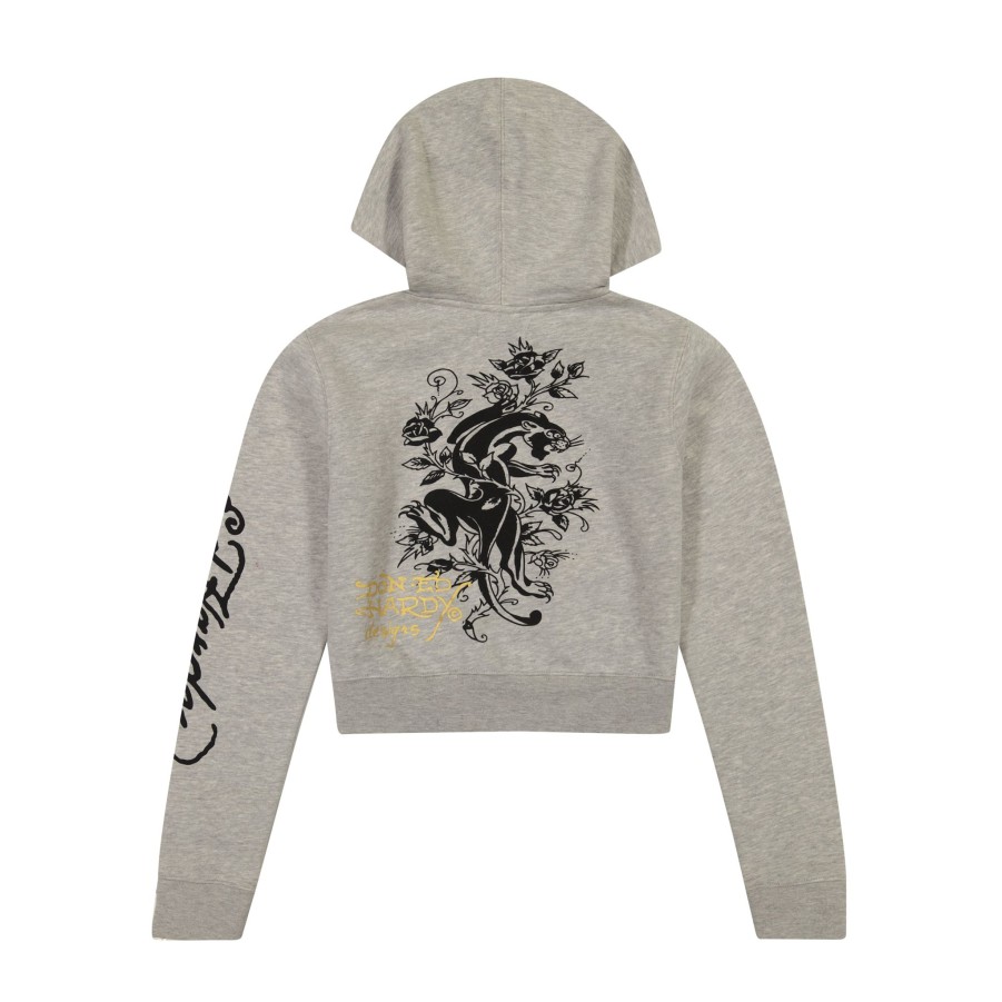 Women Ed Hardy | Heart Roses Cropped Hoodie Heather Grey