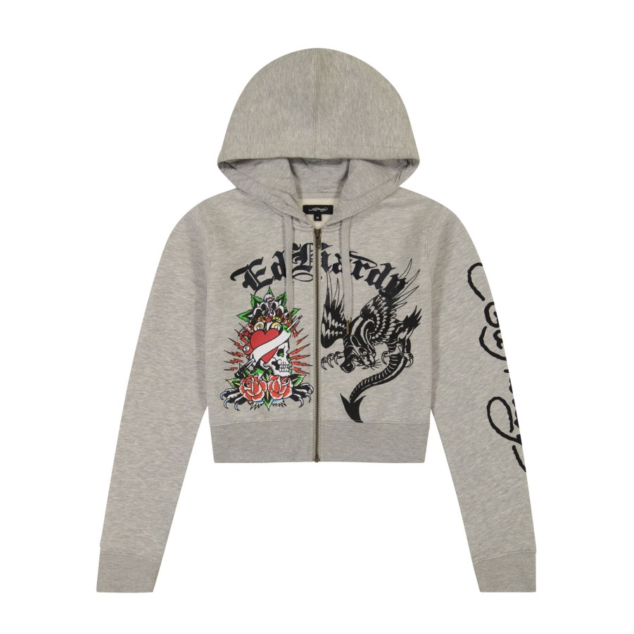 Women Ed Hardy | Heart Roses Cropped Hoodie Heather Grey