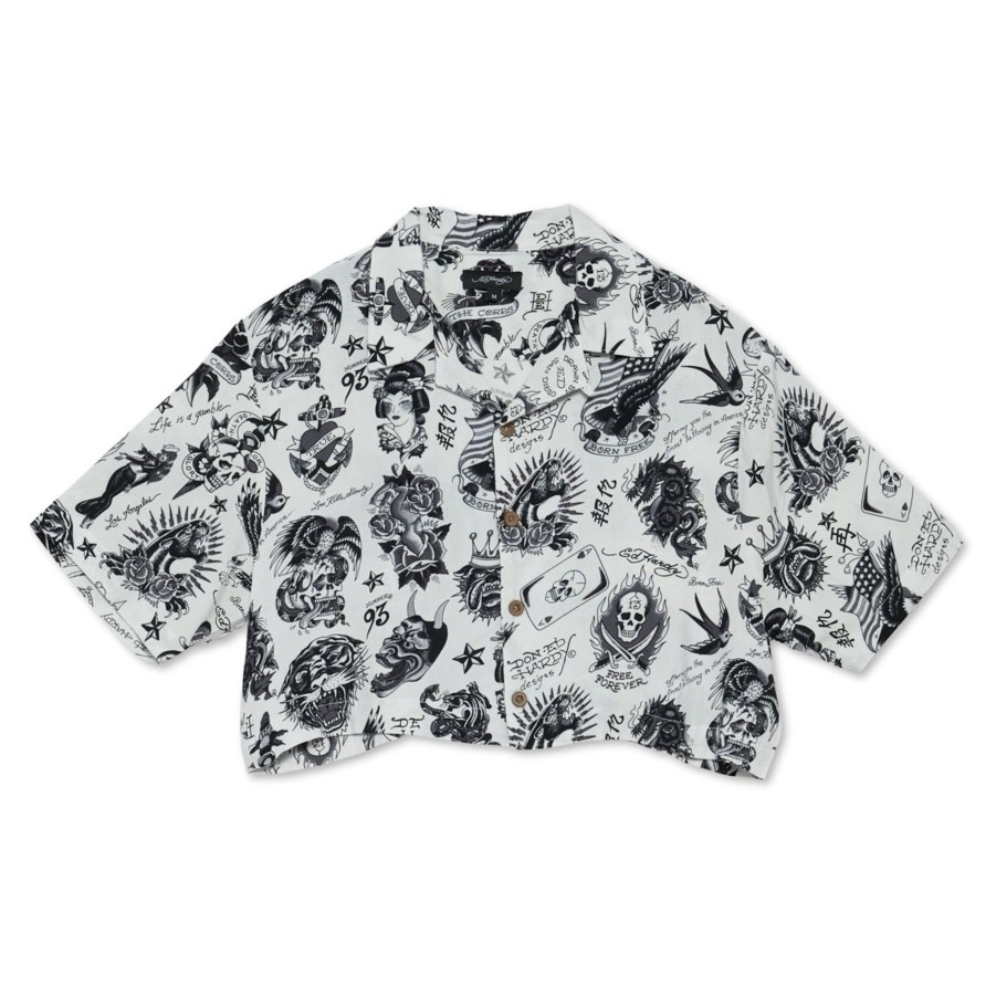 Women Ed Hardy | Flashboard Cropped Camp Shirt (Wh) White