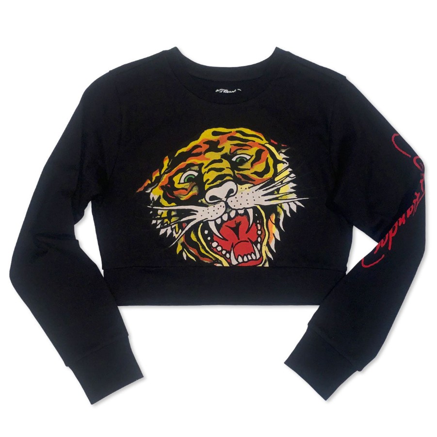 Women Ed Hardy | Retro Tiger Head Cropped Shrunken Sweatshirt Black